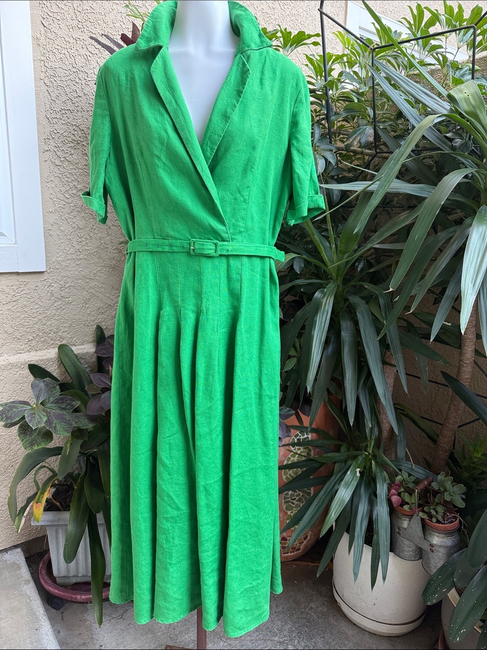 Mango Bright Emerald Green Belted Maxi Linen Dress with Notched Collar and Belt - Picture 5 of 12
